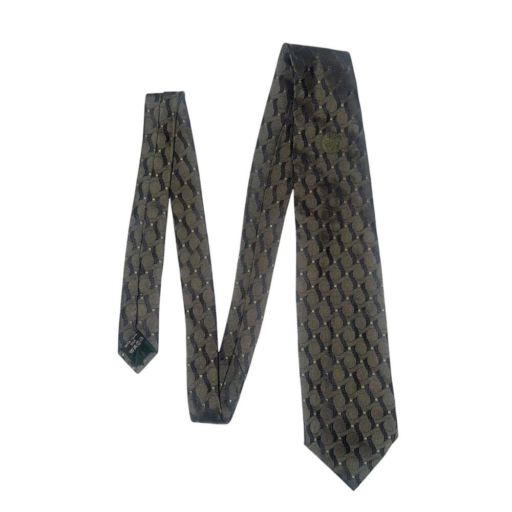 Gianni Versace Silk Printed Olive Green Medusa Logo Vintage Tie